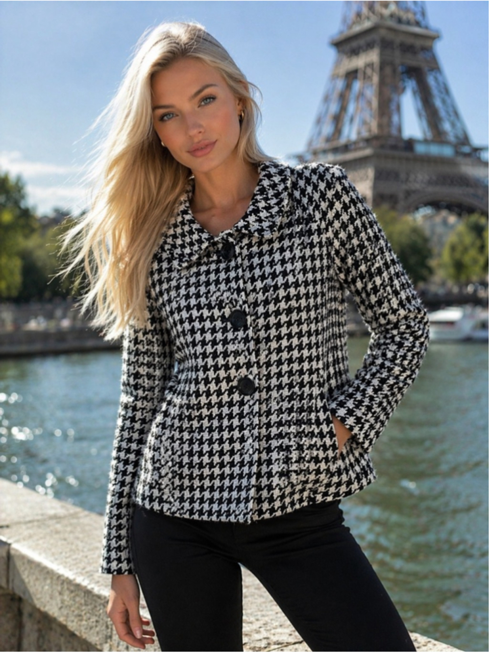 Rafaella Black White Houndstooth Wool‎ Cropped Jacket Classic Parisian Old Money